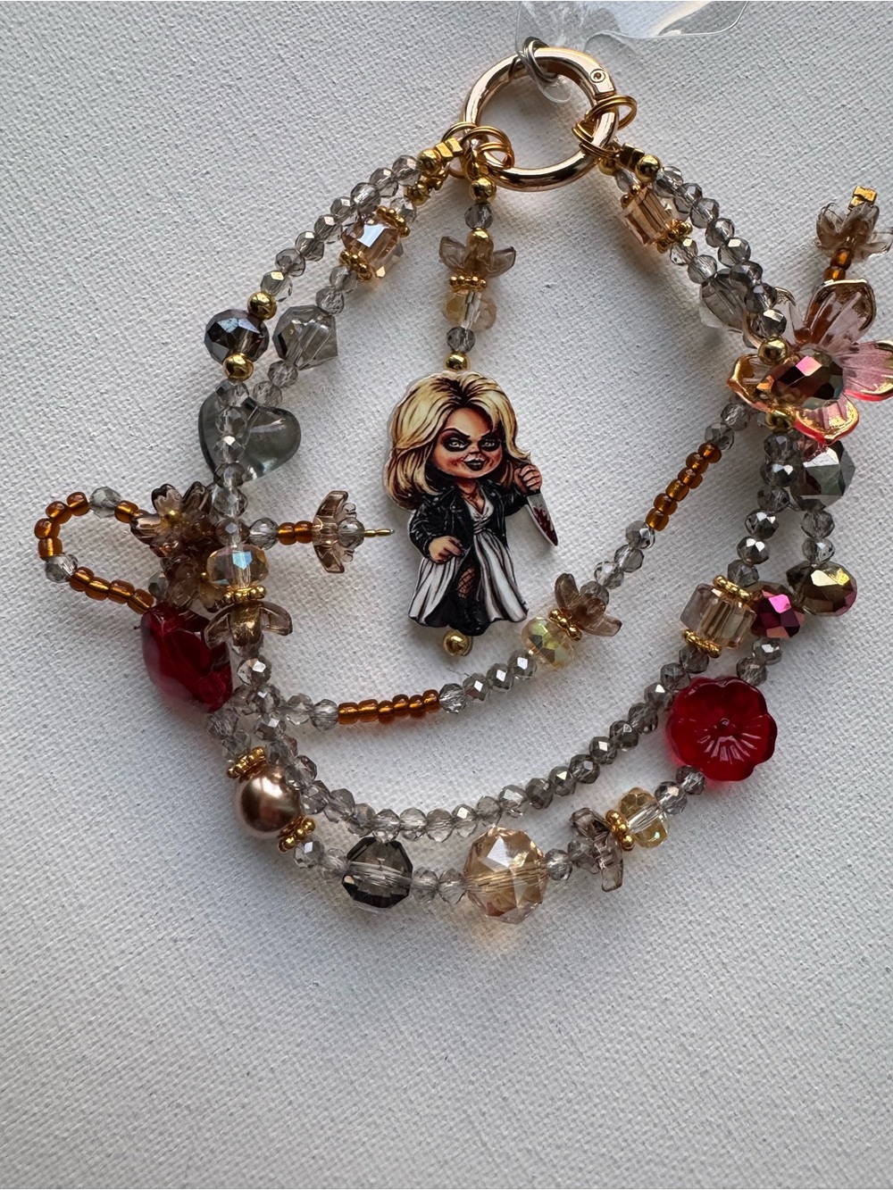 Bride of Chucky Beaded Multi-Strand Phone Charm with Red Flower Accent